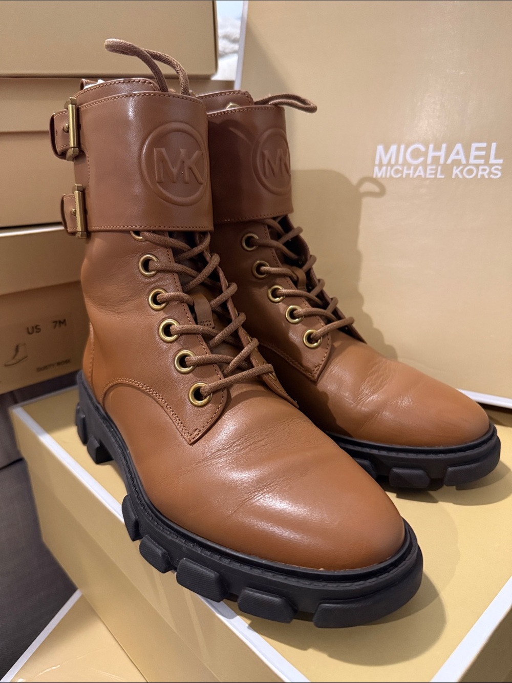Michael Kors Brown Leather Lug Sole Ankle Boots with Branded Cuff